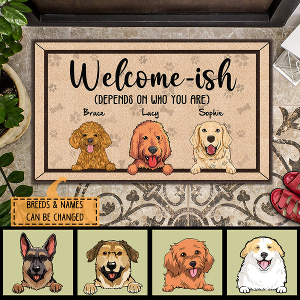 Welcome-ish Depends On Who You Are, Pink Doormat, Personalized Dog Breeds Doormat, Gifts For Dog Lovers, Home Decor