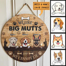 We Like Big Mutts And We Can Not Lie, Dog & Beverage, Brown Wooden Door Hanger, Personalized Dog Breed Door Sign