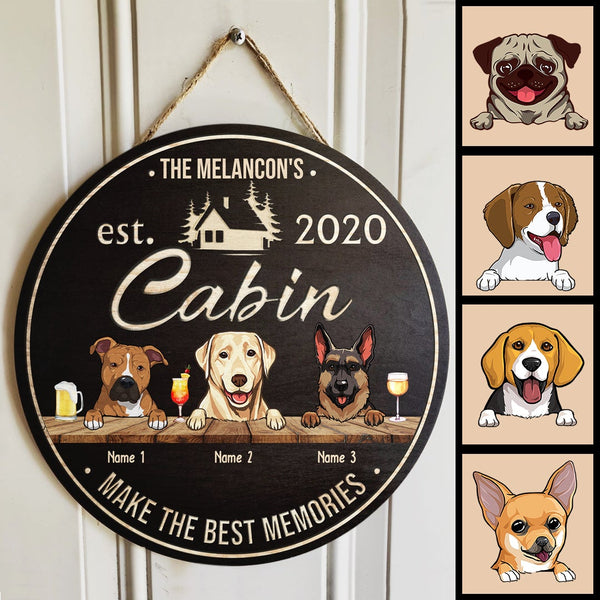 Cabin Make The Best Memories, Custom Background Color Door Hanger, Personalized Family Name & Dog Breeds Door Sign