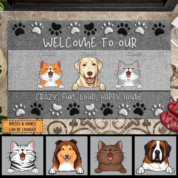 Welcome To Our Crazy Fun Loud Happy Home, Black And White Pawprints, Personalized Dog & Cat Doormat, Pet Lovers Gifts