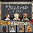 Welcome To The Shitshow, Dog Peeking From Curtain, Dark Doormat, Personalized Dog Breeds Doormat