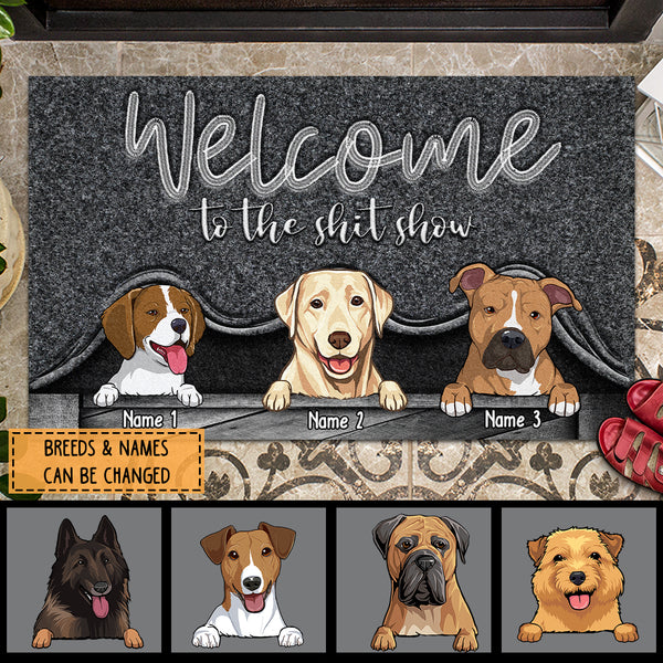 Welcome To The Shitshow, Dog Peeking From Curtain, Dark Doormat, Personalized Dog Breeds Doormat