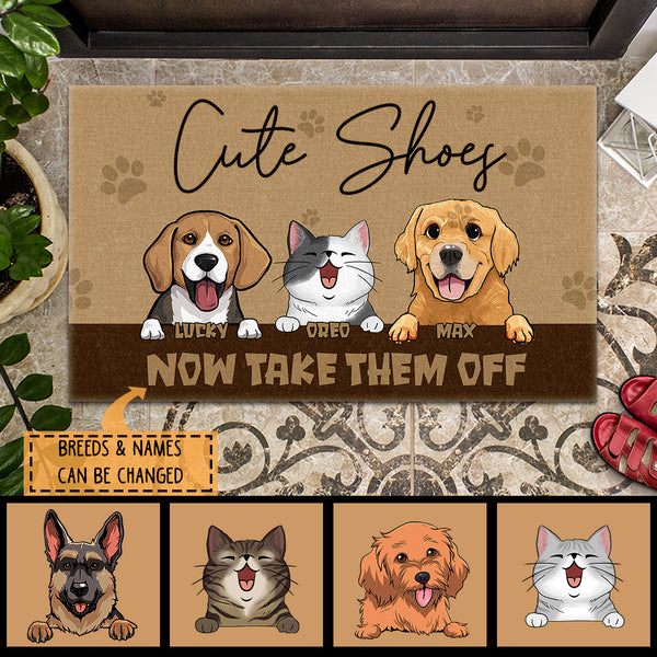 Cute Shoes Now Take Them Off, Brown Doormat, Personalized Dog & Cat Doormat, Gifts For Pet Lovers, Home Decor