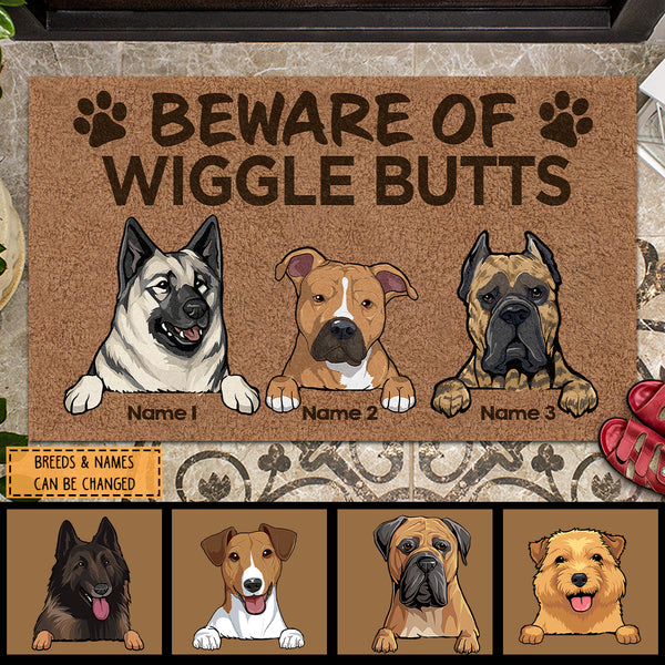 Beware Of Wiggle Butts, Brown Doormat, Personalized Dog Breeds Doormat, Gifts For Dog Lovers, Home Decor