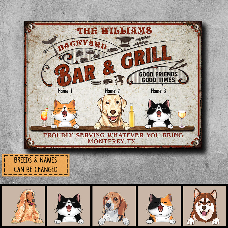Backyard Bar & Grill Good Friends Good Times, Red Sign, Personalized Dog & Cat Metal Sign, Gifts For Pet Lovers