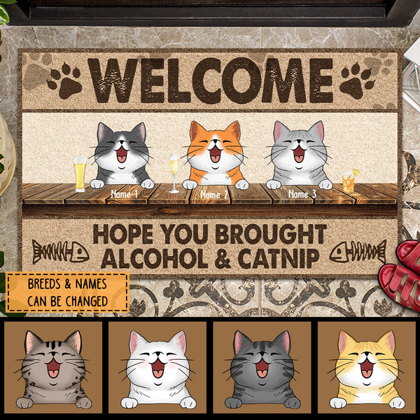 Welcome Hope You Brought Alcohol & Catnip, Pawprints & Fish Bone Doormat, Personalized Cat Breeds Doormat