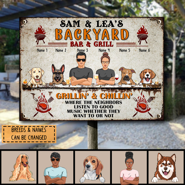 Backyard Bar & Grill, Couple & Dogs, Personalized Dog Breeds Metal Sign, Gifts For Dog Lovers, Outdoor Decor