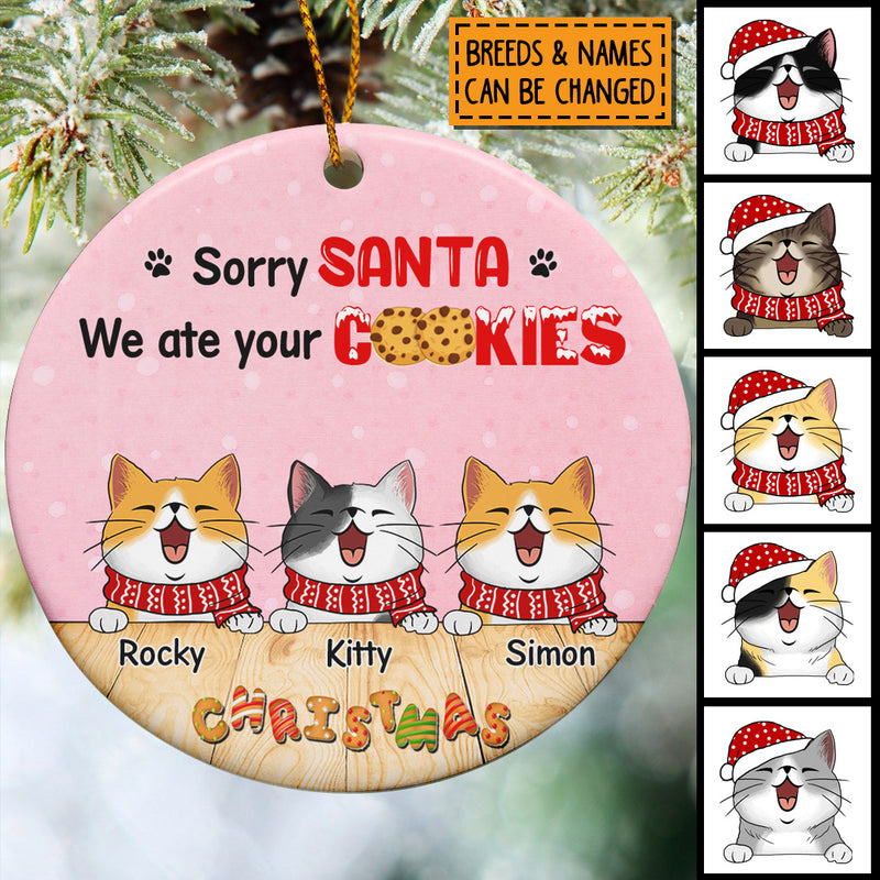 Sorry Santa, We Ate Your Cookies, Christmas Circle Ceramic Ornament, Personalized Cat Breeds Ornament