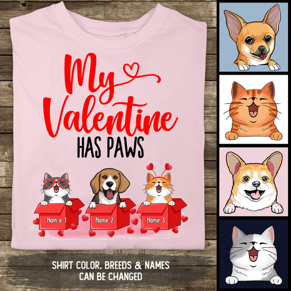 My Valentine Has Paws, Pet In Red Box, Personalized Dog & Cat T-shirt, Valentine Gifts For Pet Lovers