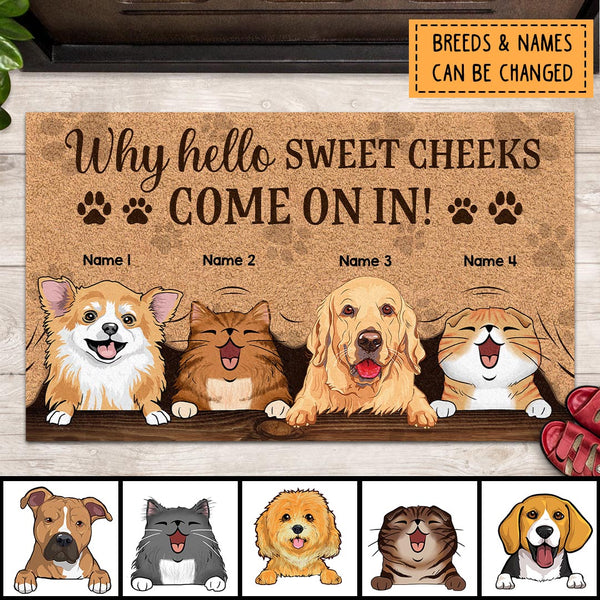 Why Hello Sweet Cheeks Come On In, Peeking From Curtain Doormat, Personalized Dog & Cat Doormat