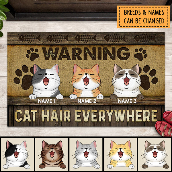 Warning Cat Hair Everywhere, Pawprints & Fish Bones Doormat, Personalized Cat Breeds Doormat