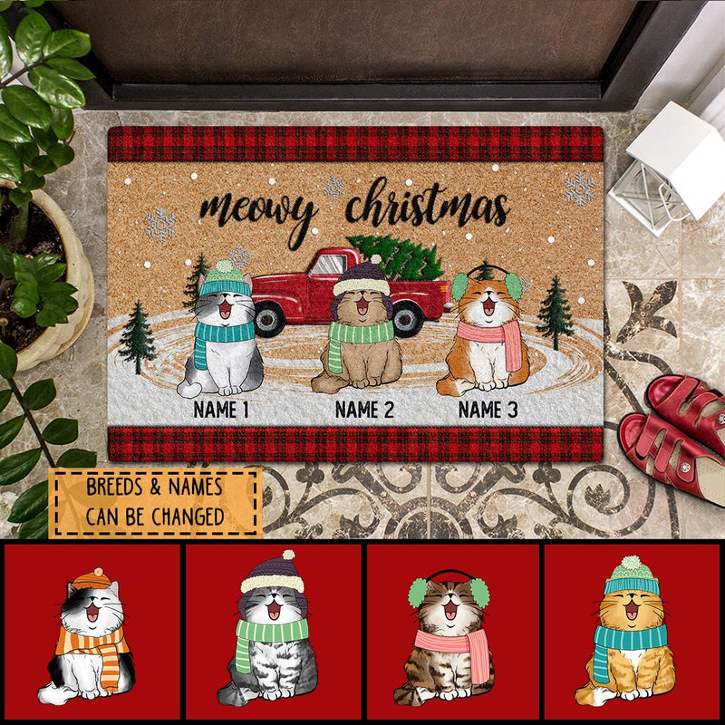 Meowy Christmas, Red Truck And Christmas Tree, Personalized Cat Breeds Doormat, Xmas Home Decor