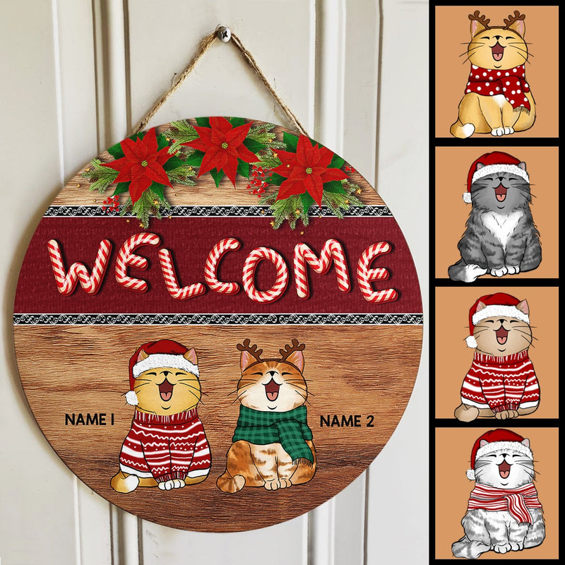 Welcome - Xmas Candy Cane Letters - Personalized Cat Christmas Door Sign