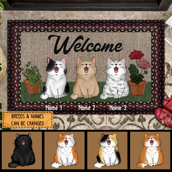 Welcome, Plant And Flower Doormat, Personalized Cat Breeds Doormat, Gifts For Cat Lovers, Cute Home Decor