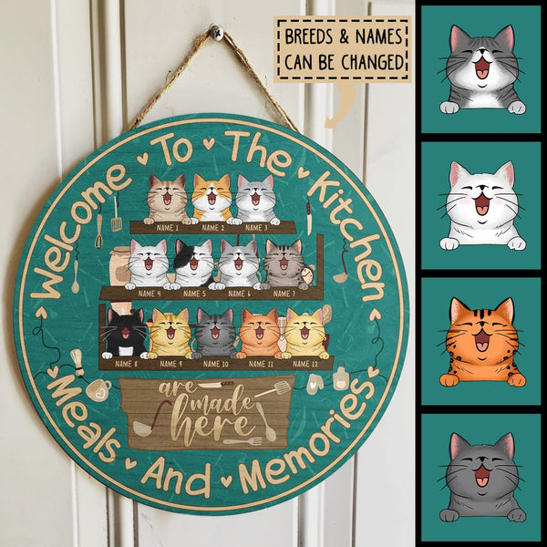 Welcome To Kitchen - Meal and Memories - Personalized Laughing Cat Door Sign