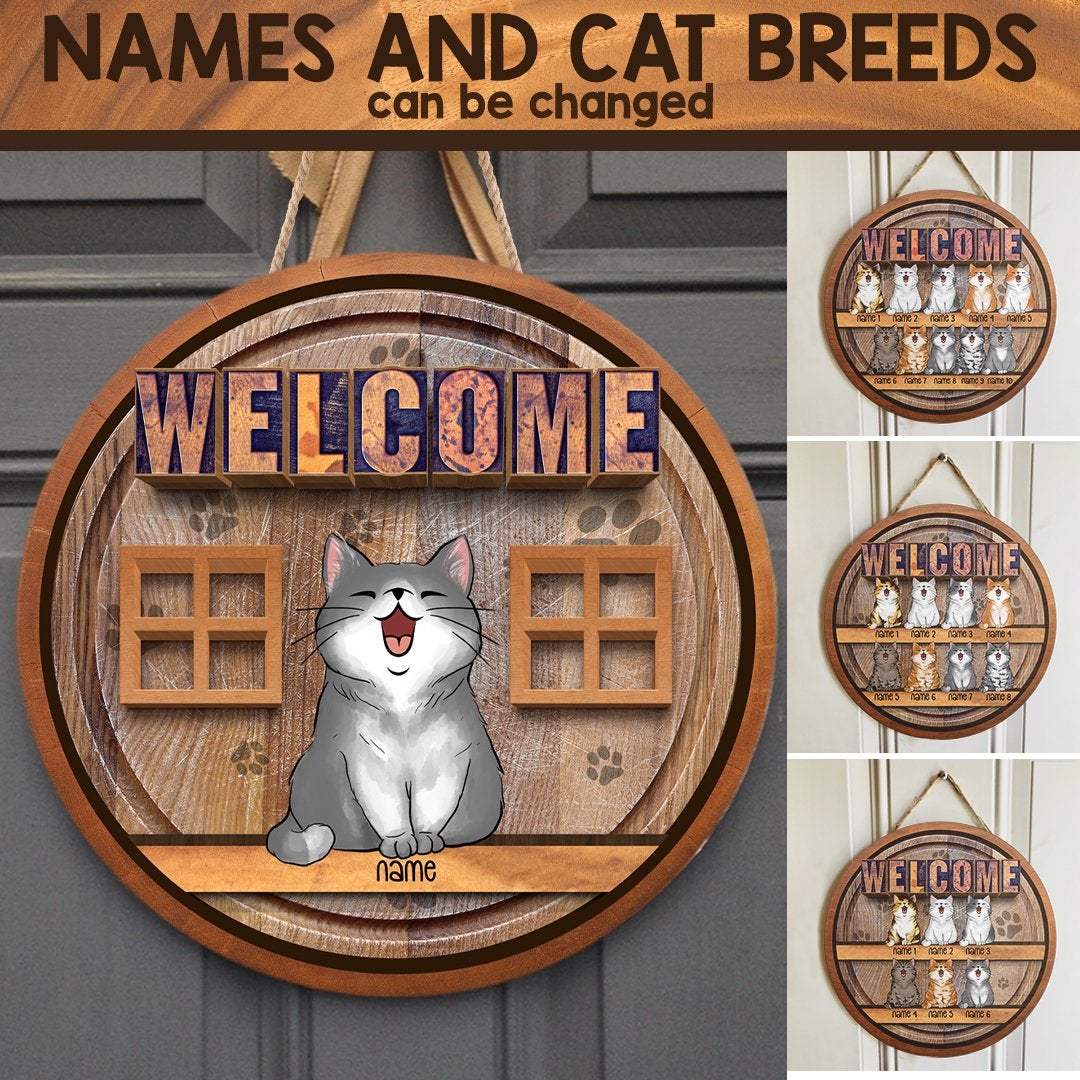 Welcome Chubby Laughing Cat Front Personalized Door Sign